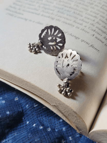 Side view of Saavani Studs in pure silver with handcrafted detailing
