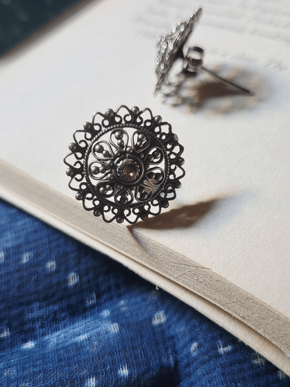 Side view of Saloni Studs in pure silver with handcrafted detailing