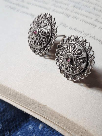Side view of Saloni Studs in pure silver with handcrafted detailing