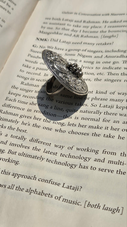 Side view of Samrita Ring in pure silver with handcrafted detailing