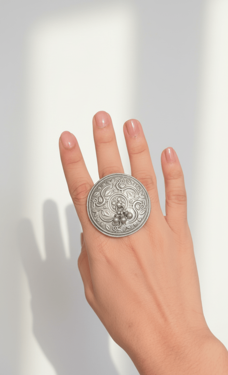 Side view of Samrita Ring in pure silver with handcrafted detailing