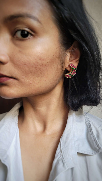 Side view of Sanam Earrings in pure silver with handcrafted detailing