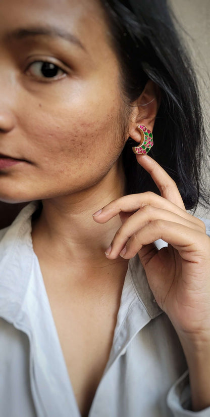 Side view of Sanam Earrings in pure silver with handcrafted detailing