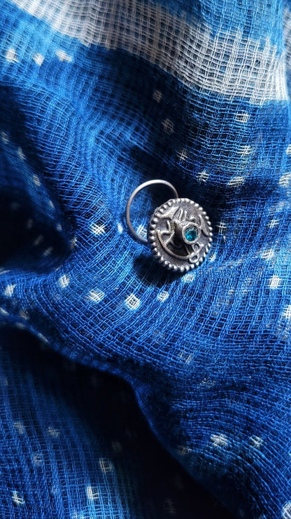 Side view of Sarisha Nose-Pin in pure silver with handcrafted detailing