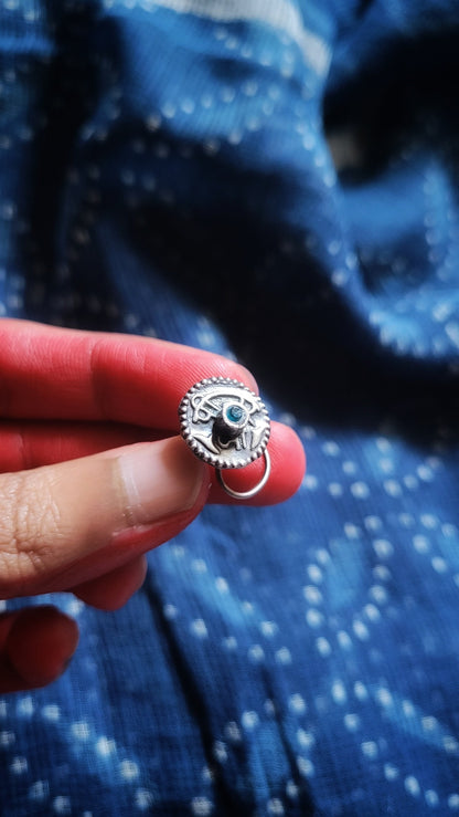 Side view of Sarisha Nose-Pin in pure silver with handcrafted detailing