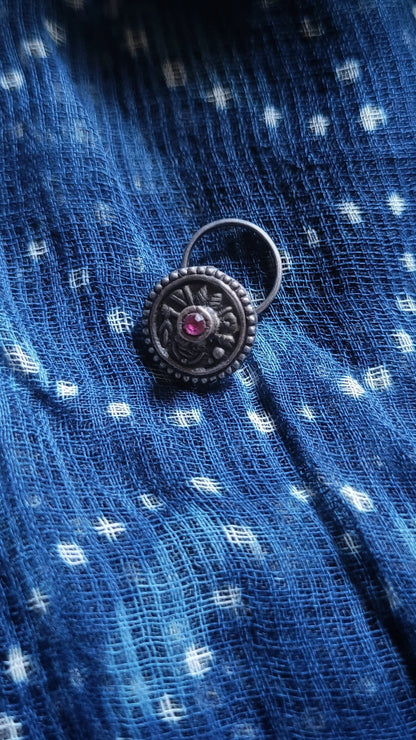 Side view of Sarisha Nose-Pin in pure silver with handcrafted detailing