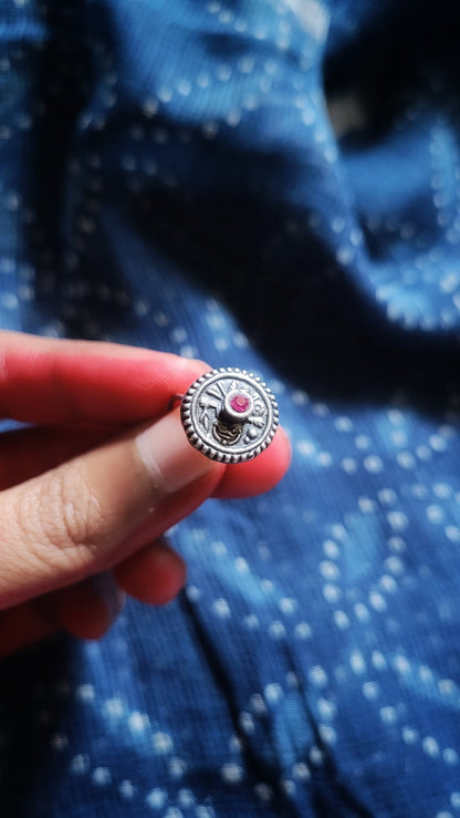 Side view of Sarisha Nose-Pin in pure silver with handcrafted detailing