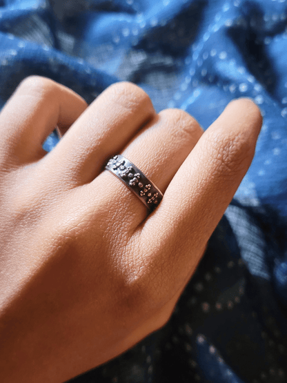 Side view of Sartaaj Ring in pure silver with handcrafted detailing