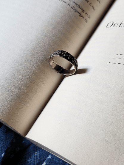 Side view of Sartaaj Ring in pure silver with handcrafted detailing