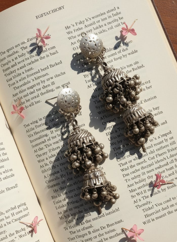 Side view of Saumyata Vintage Jhumka in pure silver with vintage detailing