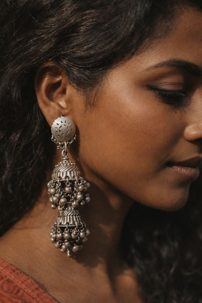 Front view of Saumyata Vintage Jhumka in pure silver with vintage detailing