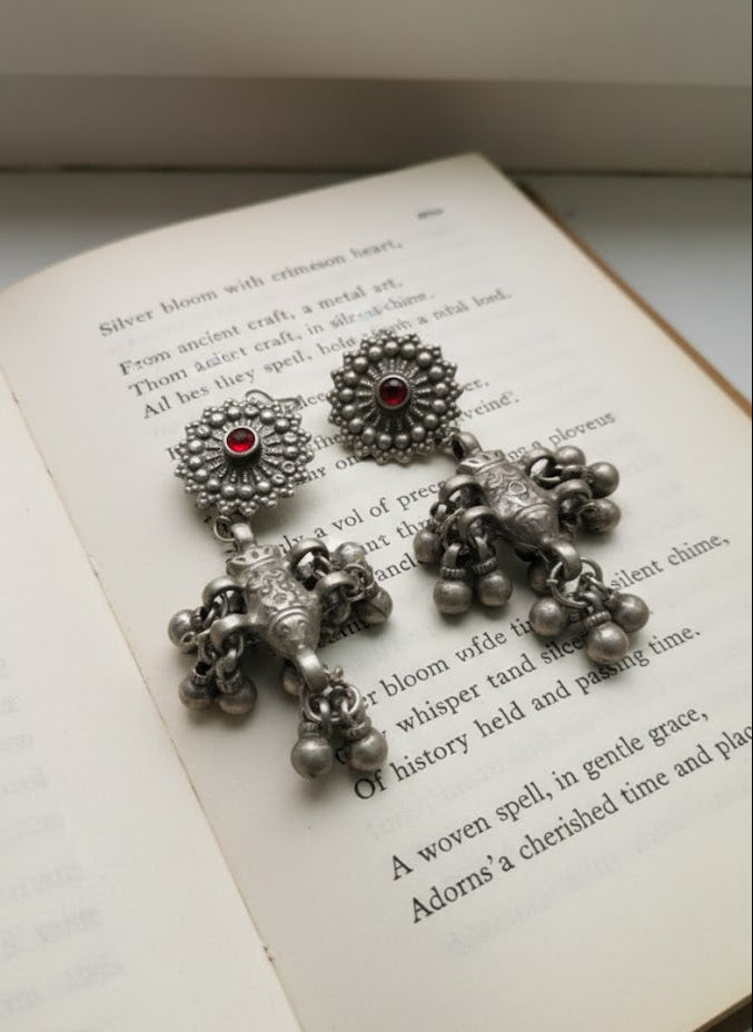 Sadabahaar Jewelry Authentic Vintage Silver Earrings with Red Stone and Faunal Motif Danglers for Women