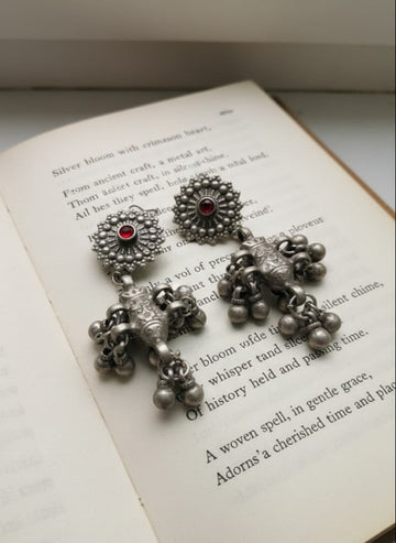 Sadabahaar Jewelry Authentic Vintage Silver Earrings with Red Stone and Faunal Motif Danglers for Women