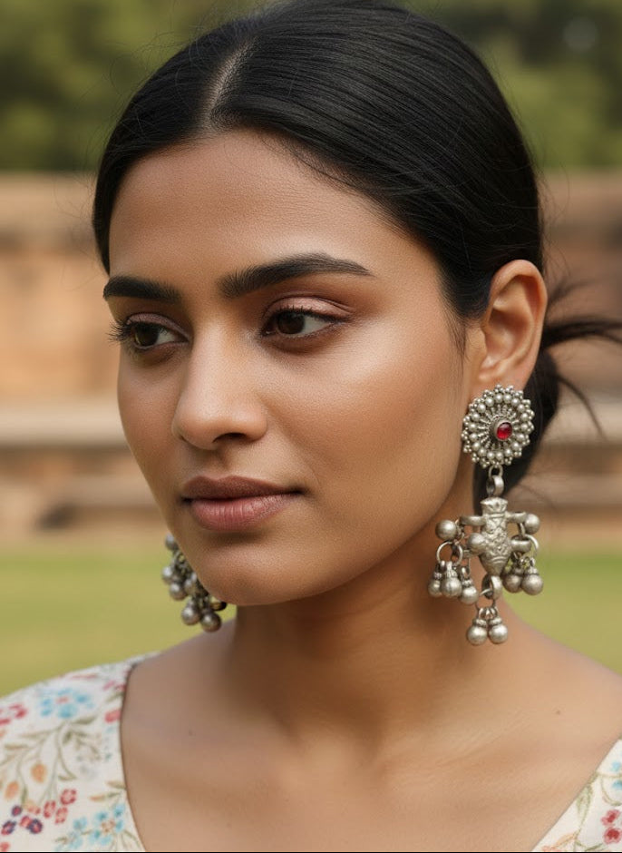 Sadabahaar Jewelry Authentic Vintage Silver Earrings with Red Stone and Faunal Motif Danglers for Women