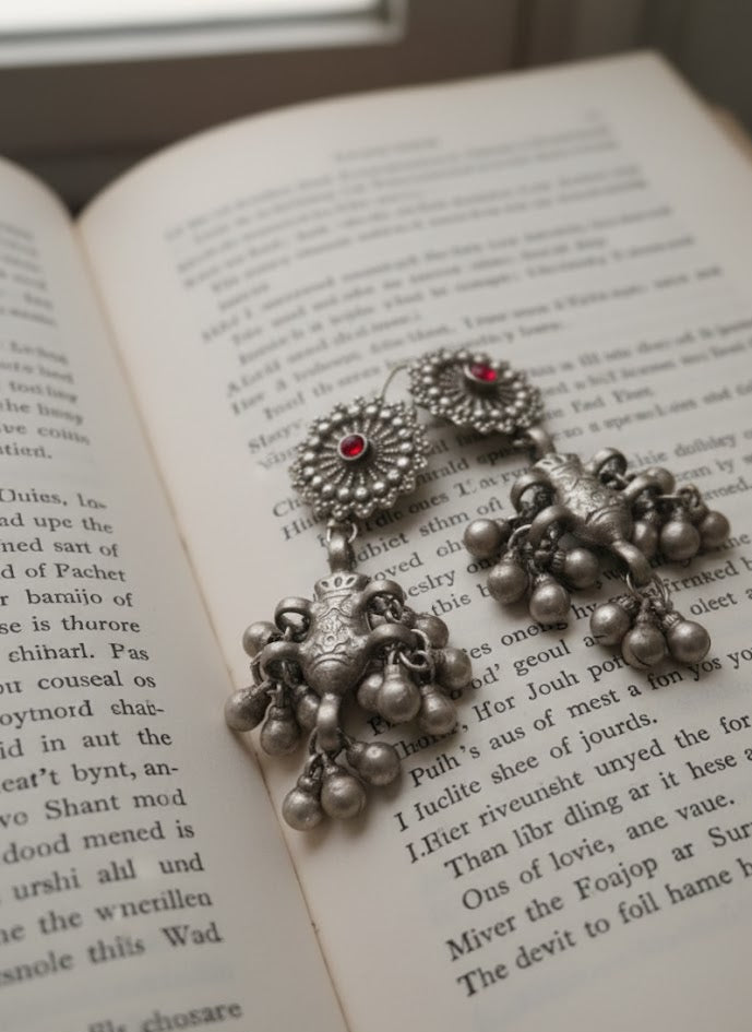 Side View Authentic Vintage Silver Earrings with Red Stone and Faunal Motif Danglers for Women