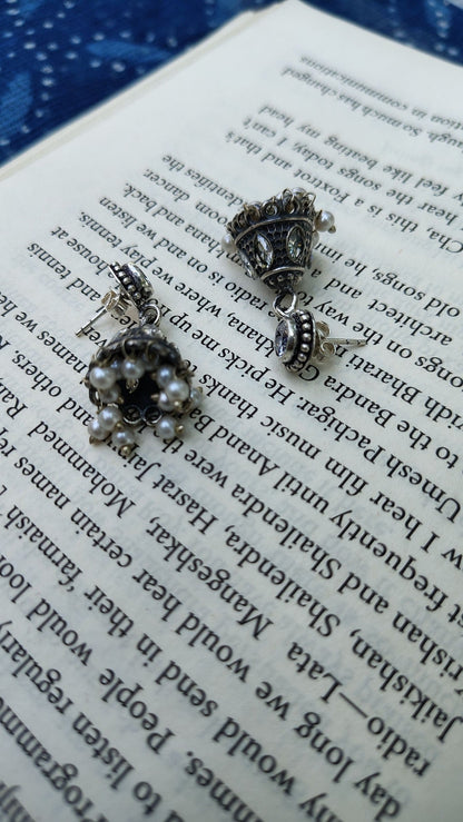 Side view of Shalimar Jhumka in pure silver with handcrafted detailing