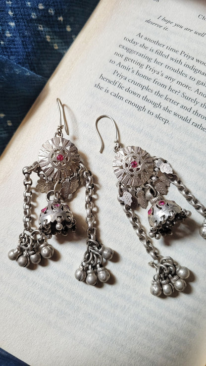 Side view of Shashi Vintage Jhumka in pure silver with vintage detailing
