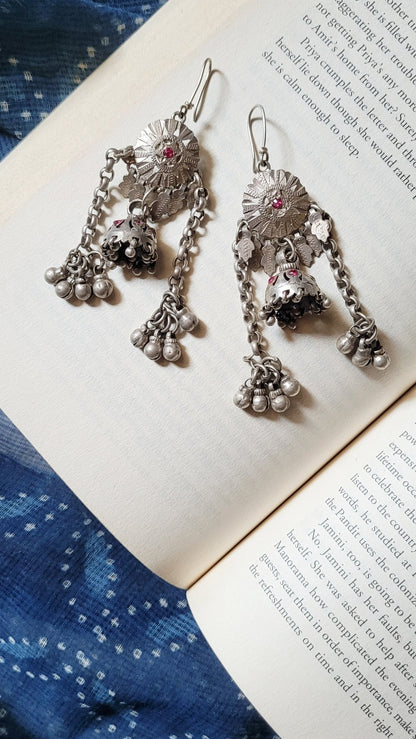 Side view of Shashi Vintage Jhumka in pure silver with vintage detailing