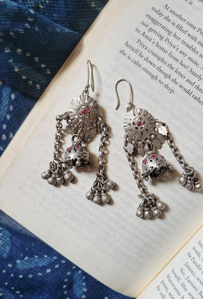 Side view of Shashi Vintage Jhumka in pure silver with vintage detailing
