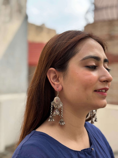 Side view of Shashi Vintage Jhumka in pure silver with vintage detailing