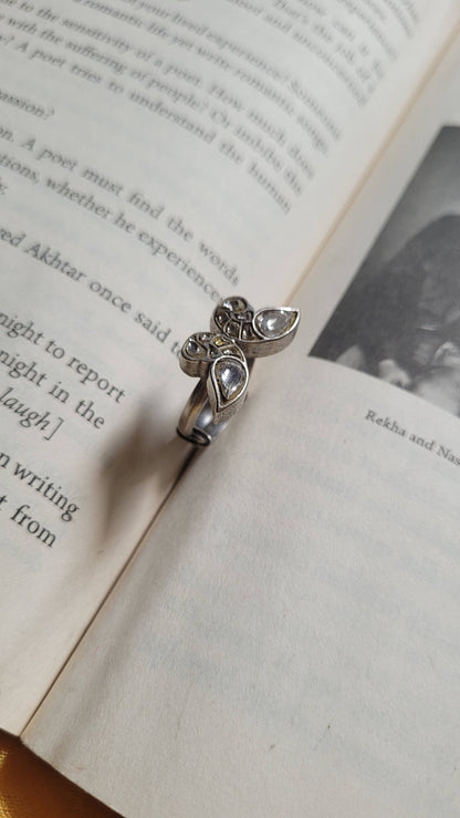 Side view of Shataakshi Ring in pure silver with handcrafted detailing