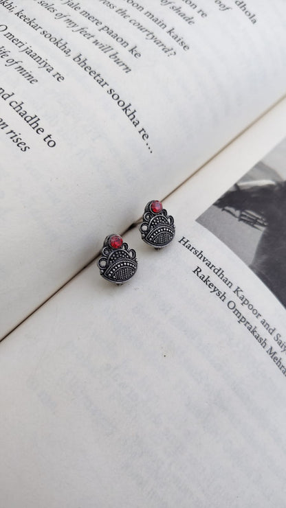 Sadabahaar Jewelry 92.5 hallmark silver mini stud earrings temple shikhara rava work red stone daily wear minimalist
