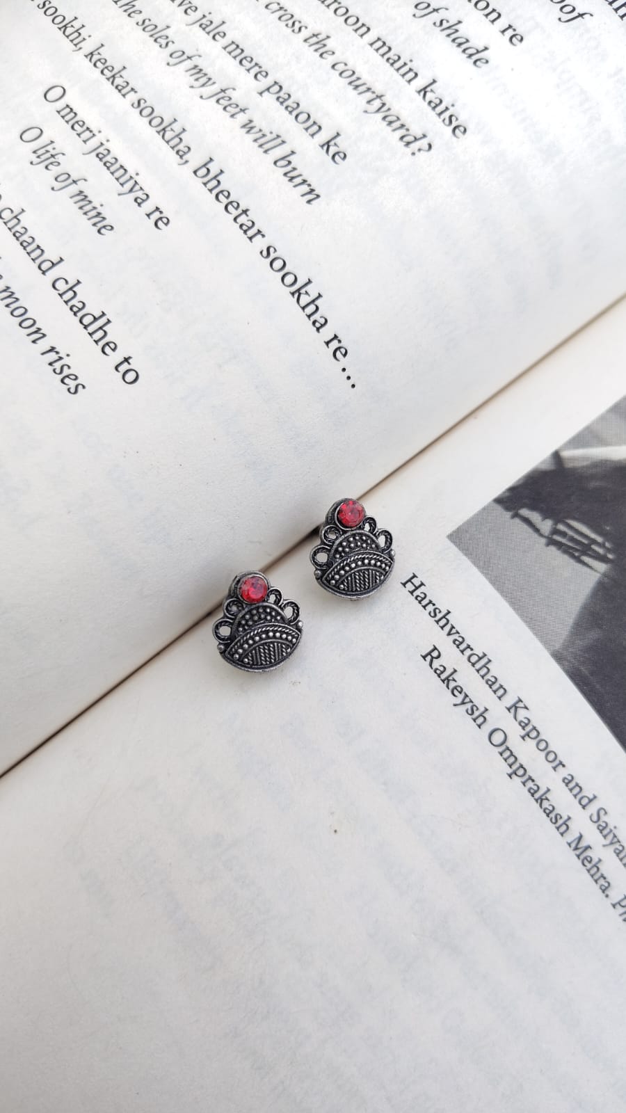 Sadabahaar Jewelry 92.5 hallmark silver mini stud earrings temple shikhara rava work red stone daily wear minimalist - side view