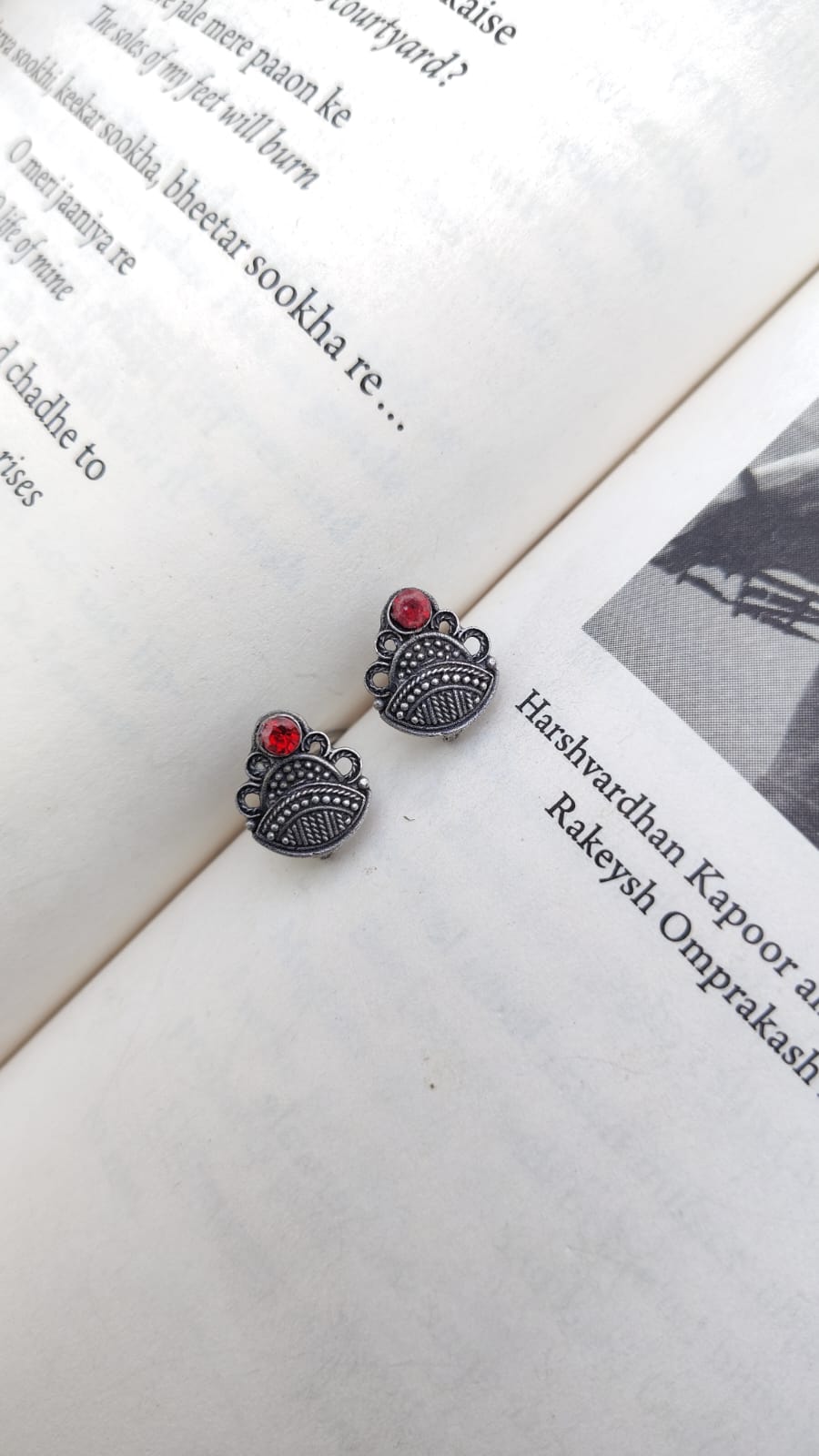 Sadabahaar Jewelry 92.5 hallmark silver mini stud earrings temple shikhara rava work red stone daily wear minimalist - close up
