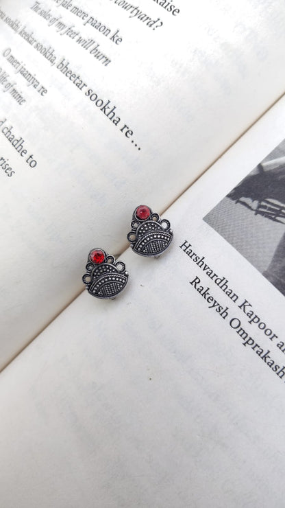 Sadabahaar Jewelry 92.5 hallmark silver mini stud earrings temple shikhara rava work red stone daily wear minimalist - close up