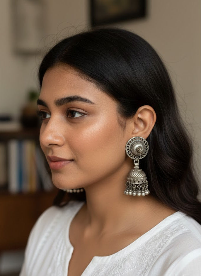 Side view of Shool Vintage Jhumka in pure silver with vintage detailing