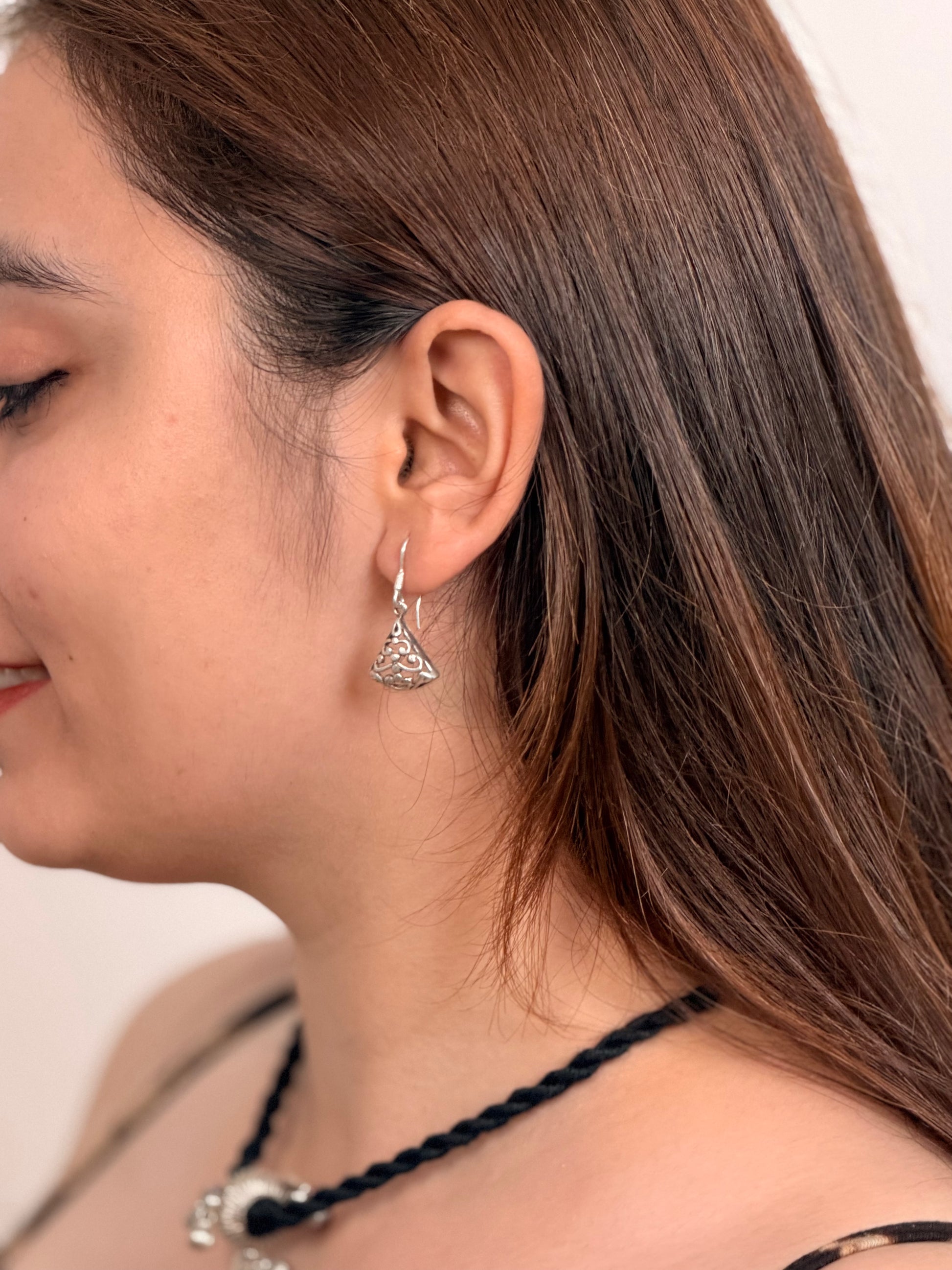 Sadabahaar Jewelry 92.5 hallmark silver elongated teardrop geometric cutwork earrings flower base hook daily wear office lightweight