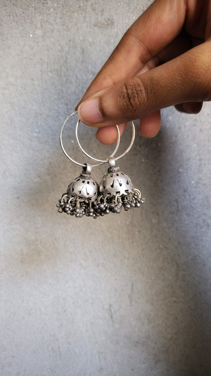 Side view of Sohni Hoops in pure silver with handcrafted detailing