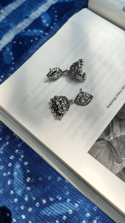 Side view of Sutudri Jhumka in pure silver with handcrafted detailing