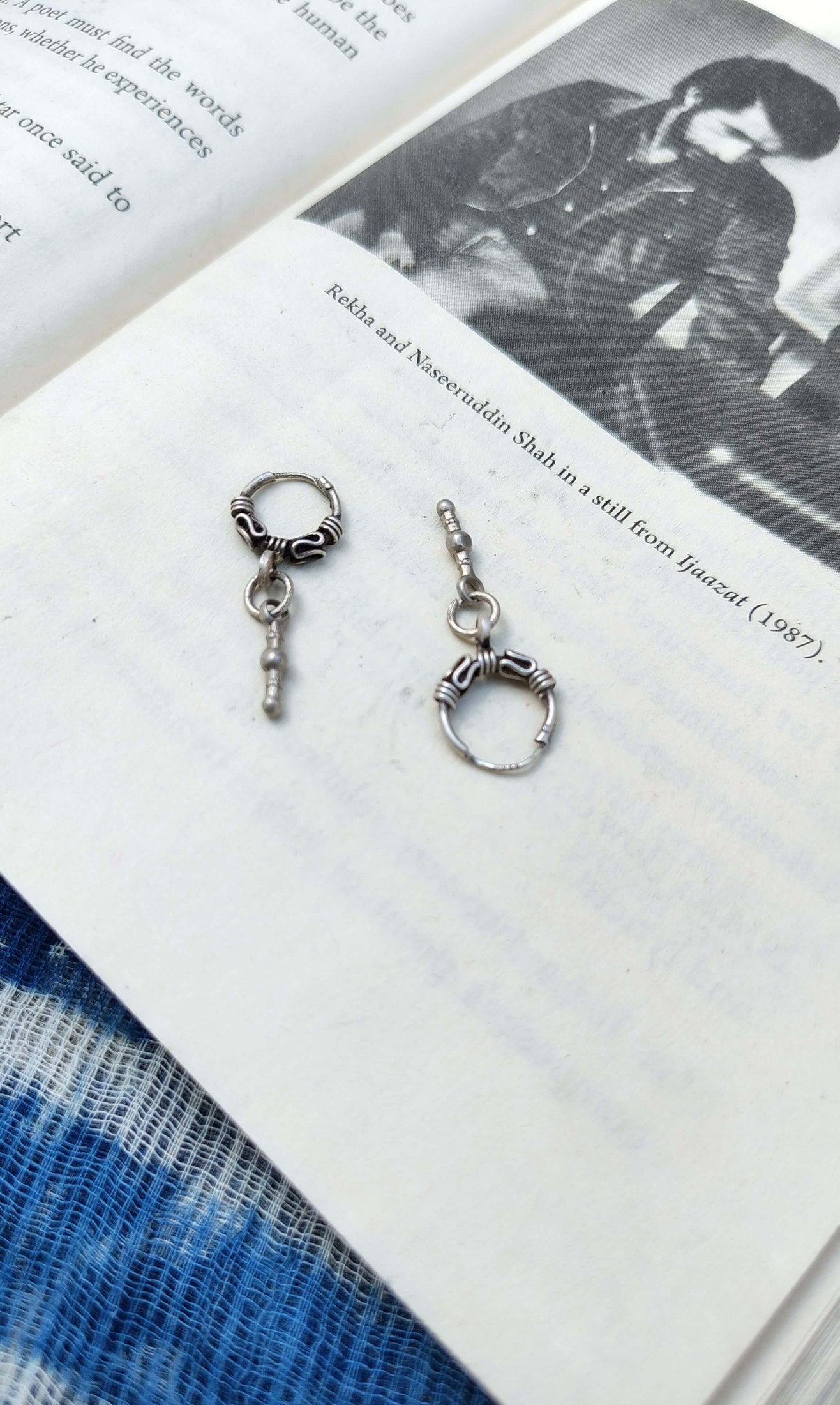 Side view of Swachhand Vintage Hoops in pure silver with vintage detailing