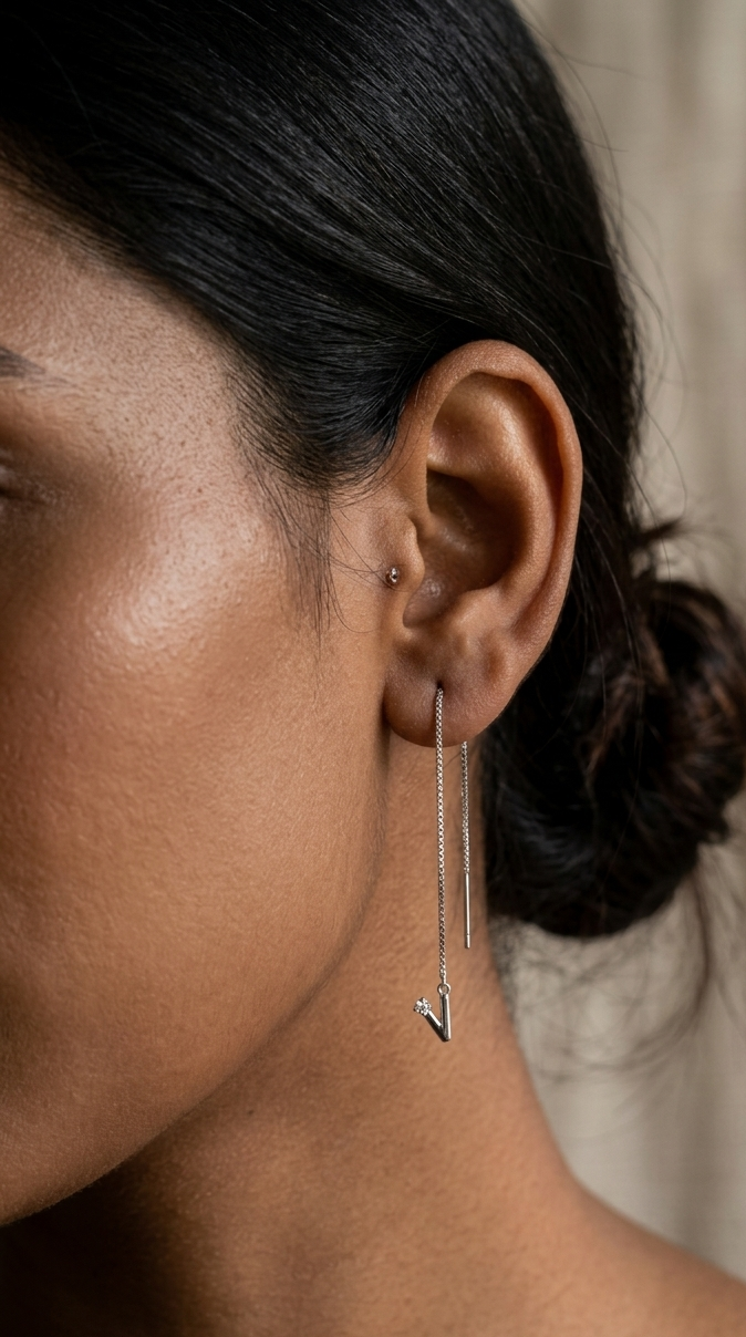 Sadabahaar Jewelry 92.5 hallmark silver sui dhaaga V dangler white rhinestone mini flower minimalist daily wear office earrings