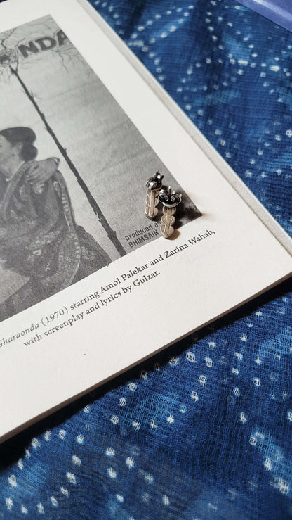 Side view of Yaarana Studs in pure silver with handcrafted detailing
