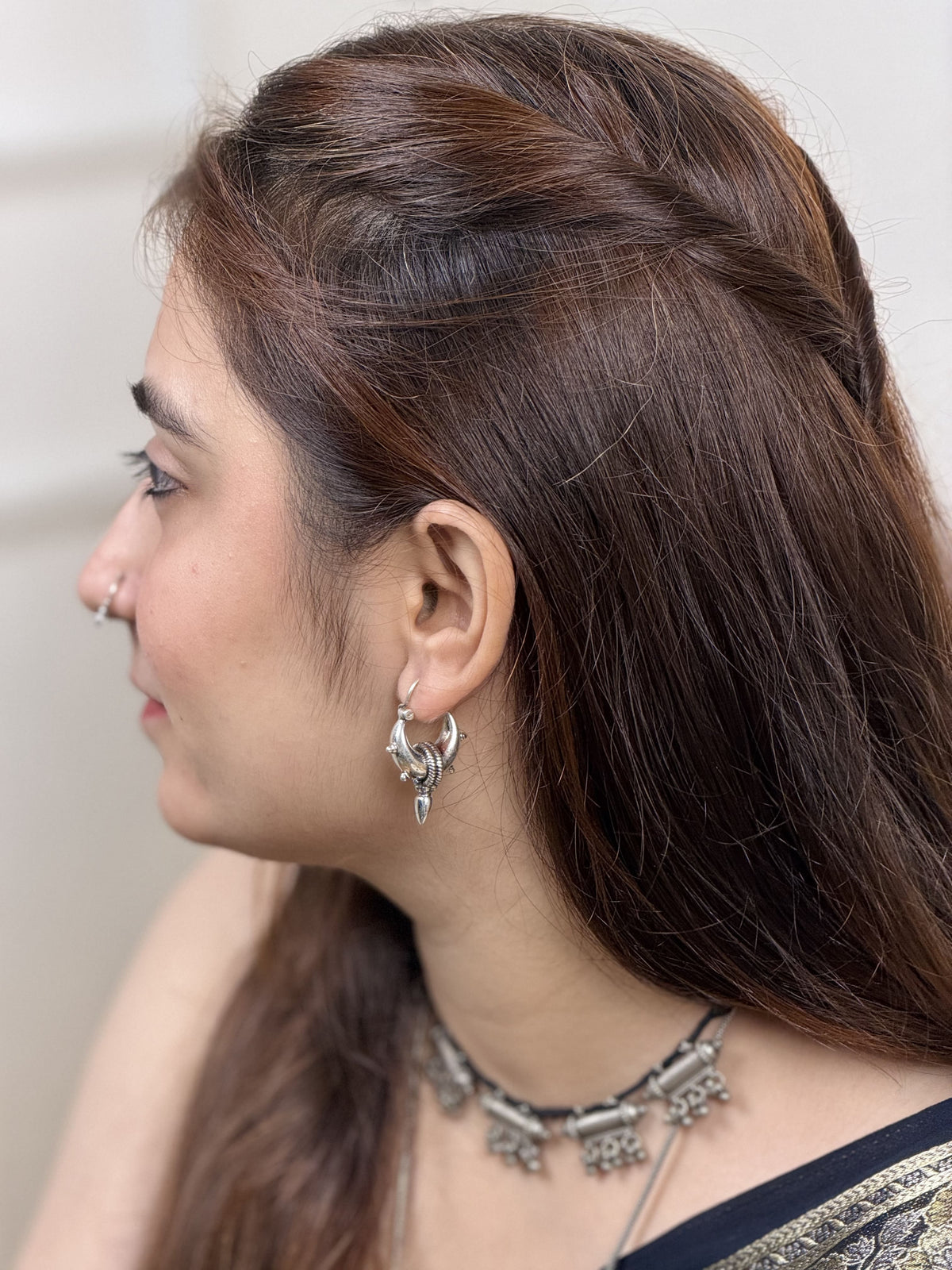 Sadabahaar Jewelry 92.5 hallmark silver kaju baali hoops spear inspired pointed base embossed detailing statement everyday earrings