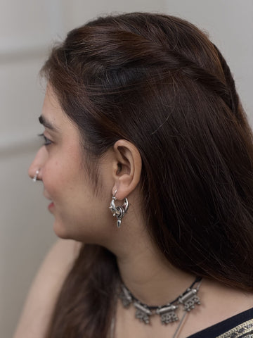 Sadabahaar Jewelry 92.5 hallmark silver kaju baali hoops spear inspired pointed base embossed detailing statement everyday earrings - full view