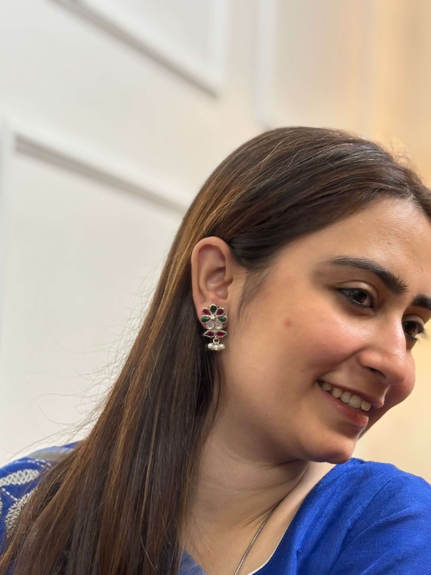 Side view of Yukti Studs in pure silver with handcrafted detailing