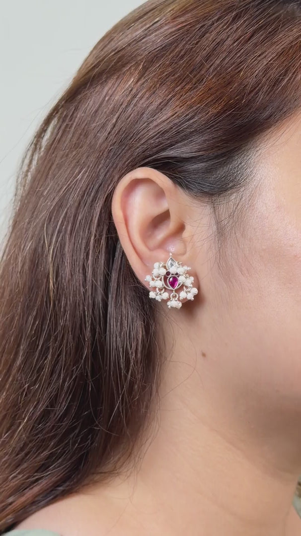 Bright polished 92.5 silver Kundan stud earrings featuring a white teardrop top, pink teardrop body, and a full cluster halo of freshwater pearls.